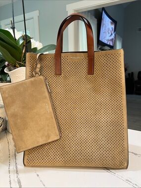 Michael Kors Collection Perforated Suede Tote in Tan with Brown Leather Handles